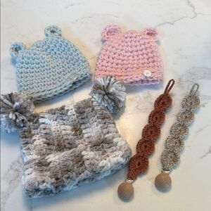 Handmade Crochet Baby Hat and Pacifier Clip Set - Blue, Pink, Gray